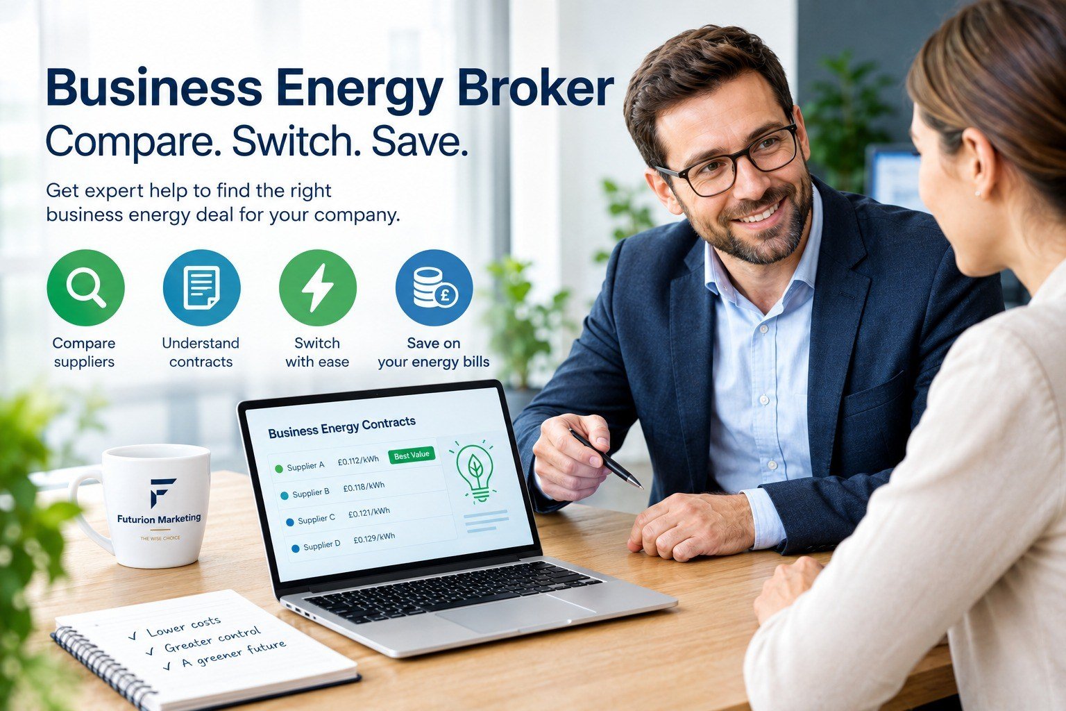 A business energy broker going through a supplier comparison with a client, with contract rates shown on a laptop