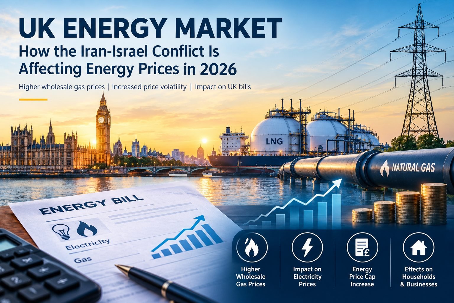 UK energy market 2026: Westminster skyline, an LNG carrier, a natural gas pipeline, pylons and an energy bill