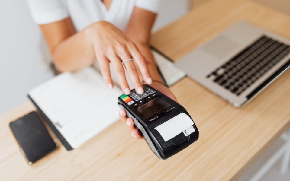 MyPOS card machine on a retail counter
