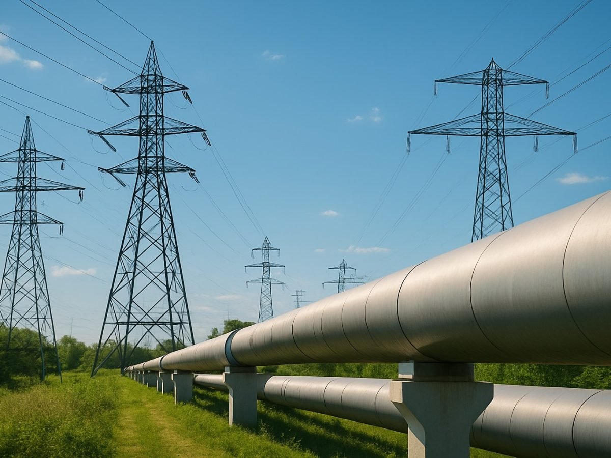 Electricity pylons and a gas pipeline carrying energy to UK businesses