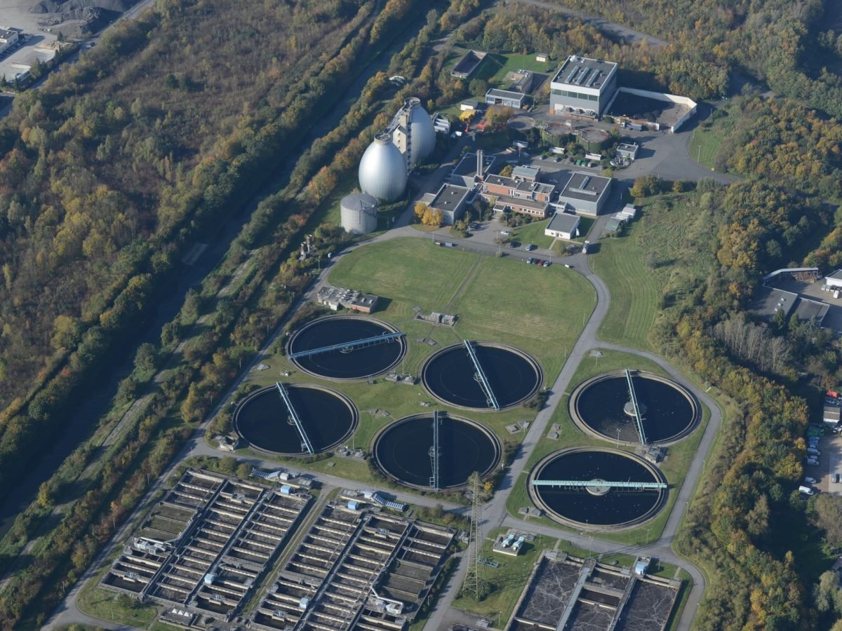 Aerial view of a water treatment works in daylight